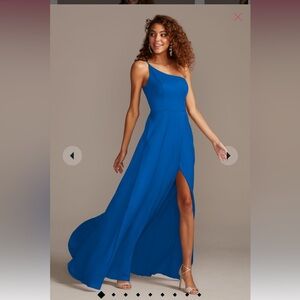 David’s bridal horizon blue crepe-back satin one-shoulder dress